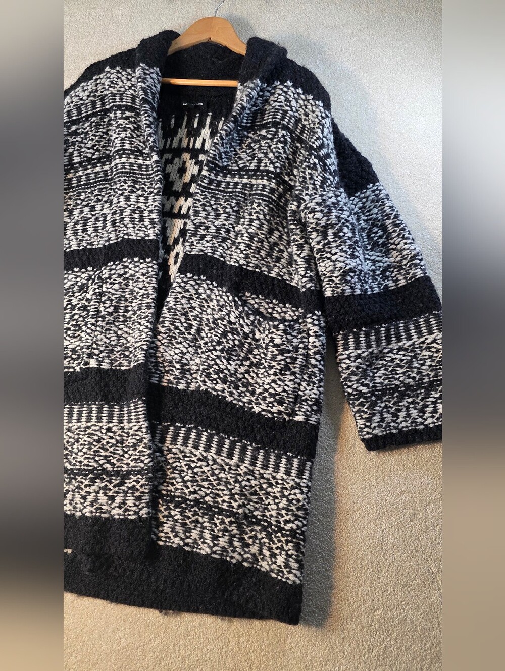 Lucky Brand Chunky Black White Wool Blend Open Cardigan Boho Cabincore Fall XL